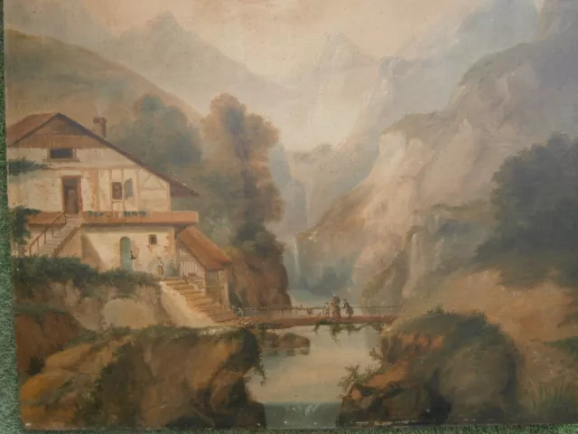Ancienne Peinture Hst Huile Toile Paysage De Montagne  French Antique