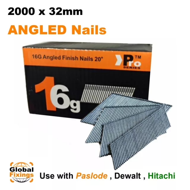 2000 pack- size 32mm, 16g ANGLED 20° - for Dewalt, Paslode, Hitachi Finish Nails