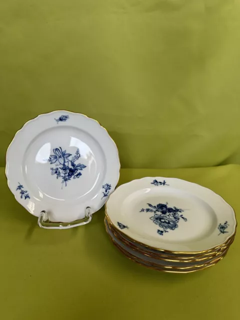 6 Meissen Teller Kuchenteller blaue Blume Insekten Goldrand II. Wahl Ø 18 cm