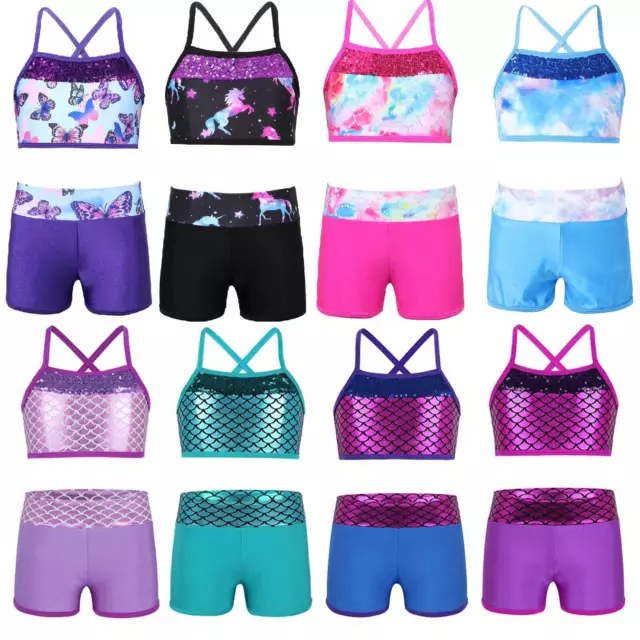 Kids Baby Girls Ballet Gymnastics Sequins Tops+Shorts Outfit Sports Dance Wear