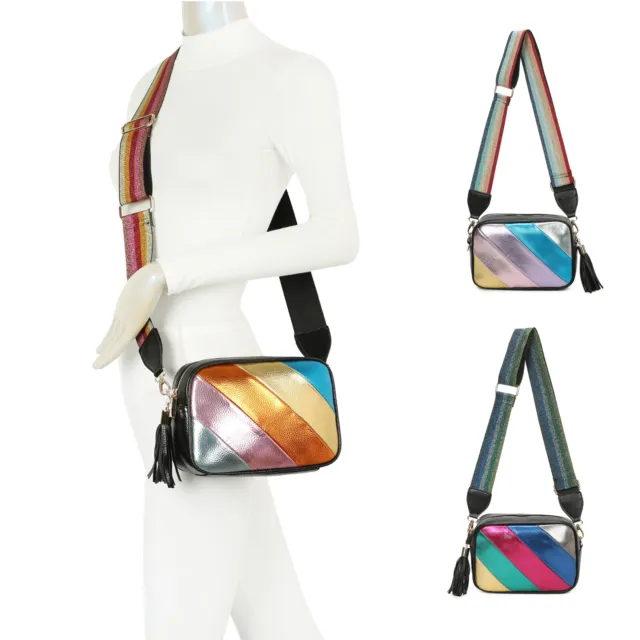 Rainbow Small Cross Body Shoulder Tassel bag Woman Faux Leather Canvas strap