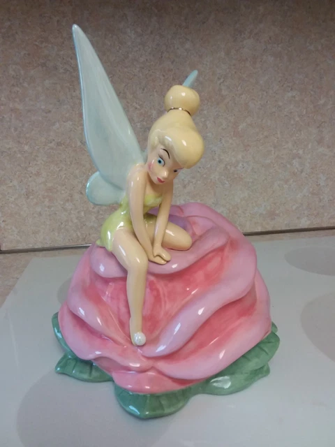 RARE Vintage TINKERBELL On Rose Ceramic Cookie Jar DISNEY Parks 12" Tall