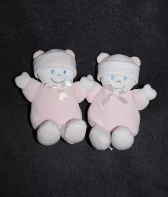 Lot 2 Peluche Doudou Ours Rose GIPSY Lutin Blanc Rayure Nœud Satin 14 Cm TTBE