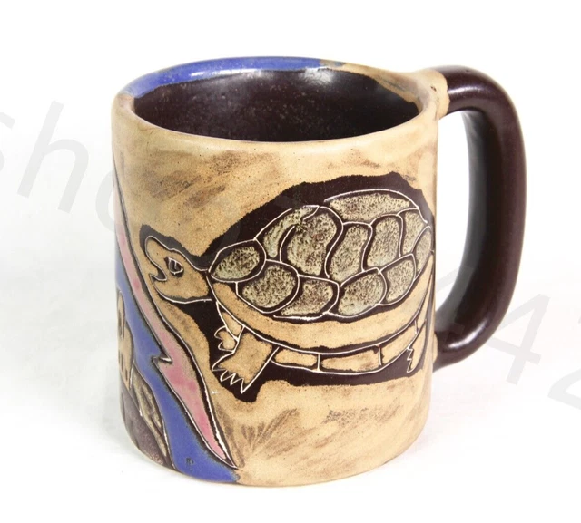 MARA Mexico Ceramic Stoneware SEA TURTLES Mug Brown Pink Blue 16 oz Handle Gift