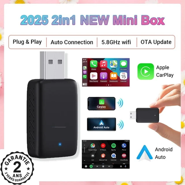 Adaptateur Carplay Sans Fil, Adaptateur Bluetooth Voiture,2 En 1 Pour