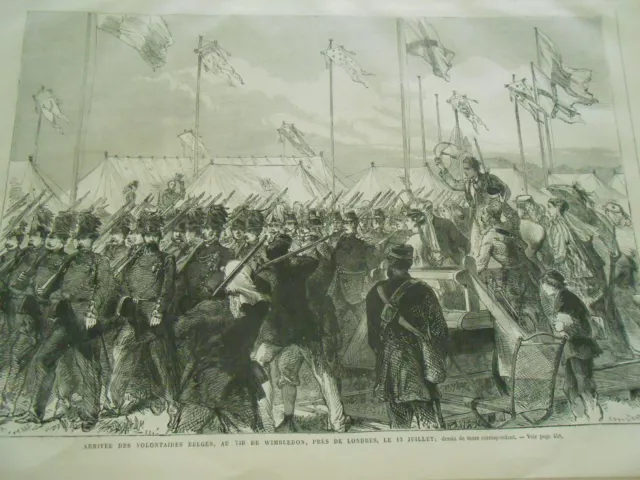 Gravure 1868 - Arrivée des volontaires Belges au Tir de Wimbledon Londres