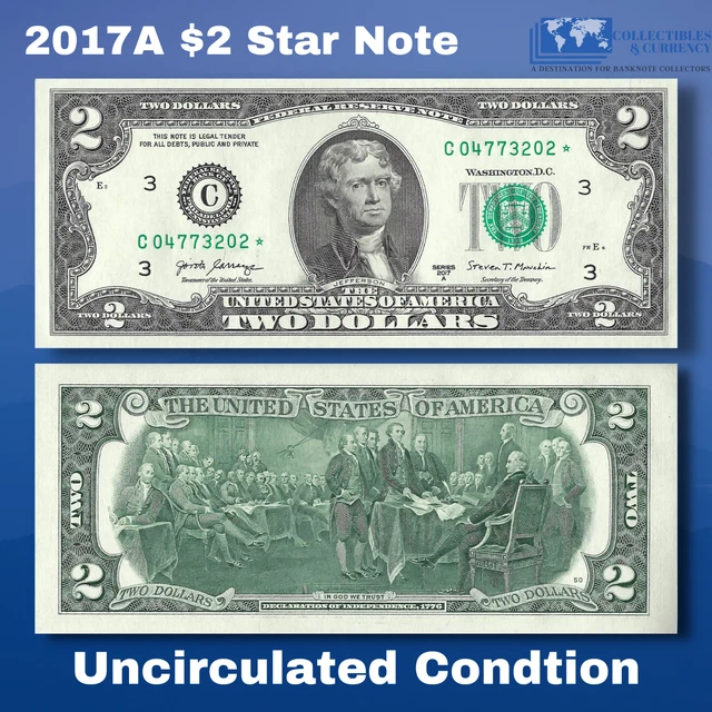 ✯One 2017A $2 DOLLAR BILL Star Replacement Notes, C*(Philadelphia), Scarce, UNC