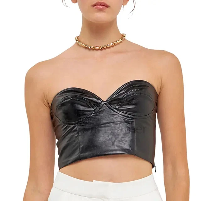 Moda Nero senza Spalline Bustino Corto Donna Vera Pelle Natale Top