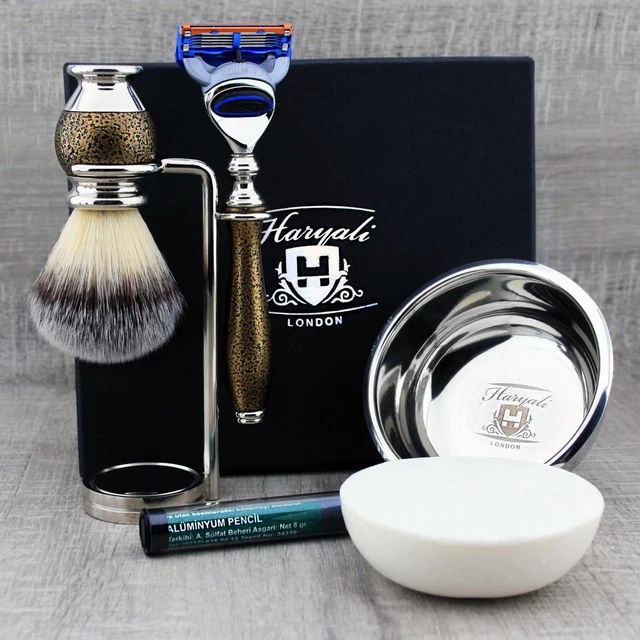 Maison Salon Antique Rasage Set Synthétique Brosse & 5 Bord Rasoir Toilettage
