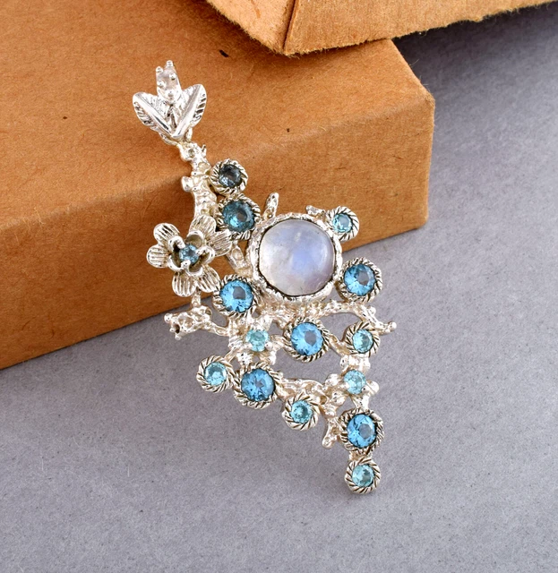Natural Rainbow Moonstone Blue Topaz Sterling 925 Silver Handmade Unique Pendant