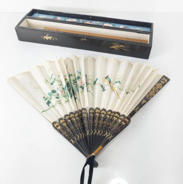 Antique Chinese Lacquered Hand Fan with Painted Silk and Lacquer Box