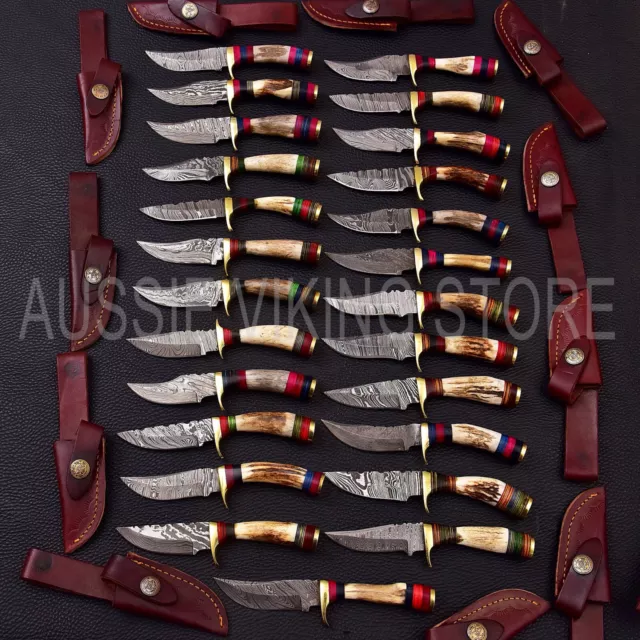 LOT OF 12 PCS CUSTOM HandForged Damascus Steel Hunting Skinner Knife STAG/ANTLER