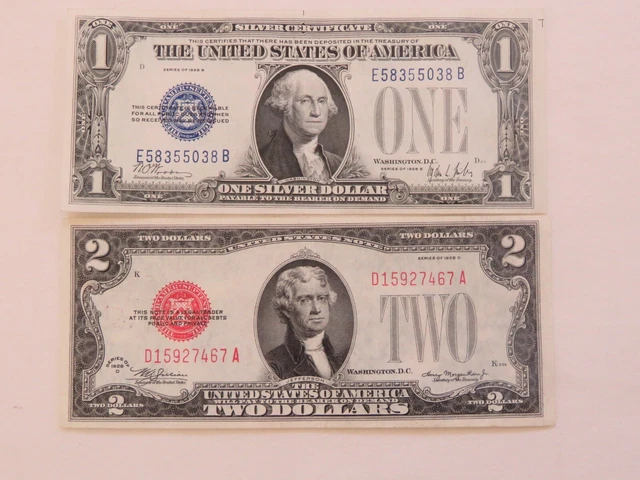 1928 B $1 Funny Back Silver Certificate & 1928 C $2 Red Seal Note Au