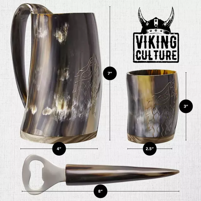 Viking Culture Ox Horn Mug, Shot Glass,and Bottle Opener (3 Pc. Set) "Fenrir" 3