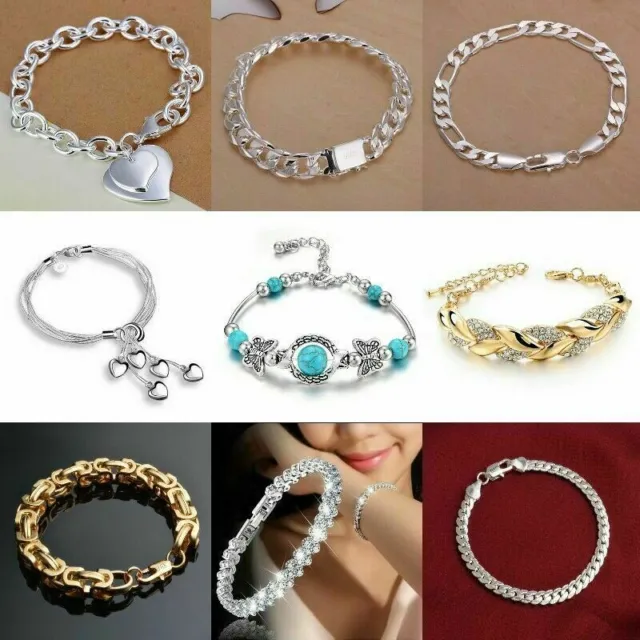 925 Silver Curb Chain Bracelet Bangle Charm Women Men Wedding Party Jewelry Gift