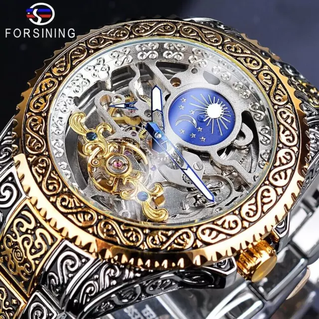 WINNER Men Automatic Watch Gold Skeleton Watches Luxury Mechanical Moon Phase