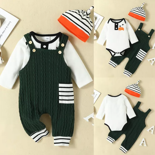 Newborn Baby Boys Long Sleeve Romper Knit Jumpsuit Outfits Clothes 3PCS Set Hat