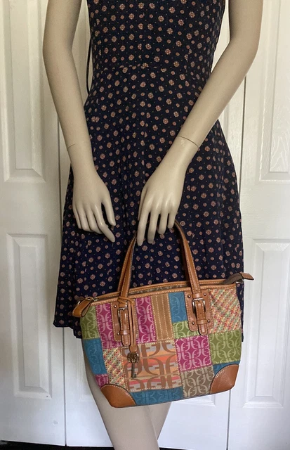Fossil leather and canvas patchwork shoulder bag