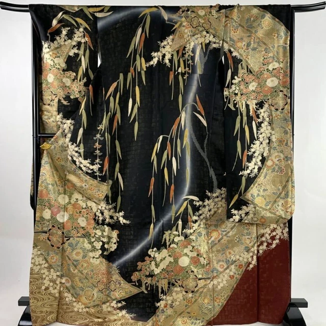 Woman Japanese Kimono Furisode Silk Flower Cart Gold Silver Thread Foil Black