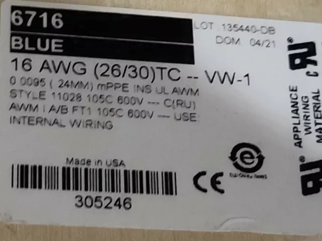 Alpha Wire 6716 #16awg EcoWire mPPE Tinned Copper Hook Up Wire 600V Blue /25ft