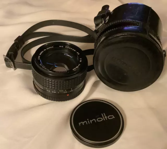 MINOLTA MC ROKKOR PG 50mm f1.4 Camera Lens with case Caps Near MINT Tested Works