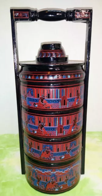 Antique~Burmese Black Lacquer Tiffin Lunch Box~4-Tiers, Lid/Plate,Teacup,Handle