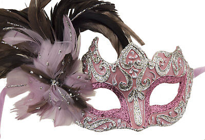 Mask from Venice Colombine IN Tip Silver Pink And Feathers Paper Mache 22434 2