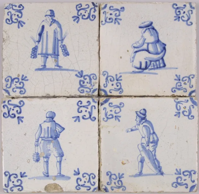 Nice set of 4 Dutch Delft Blue tiles, professions, 17th. century.