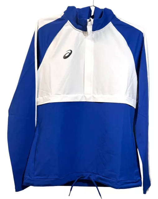 ASICS Stretch Woven Track Jacket Hooded 1/2 Zip Blue White L/S Womens Size M NWT