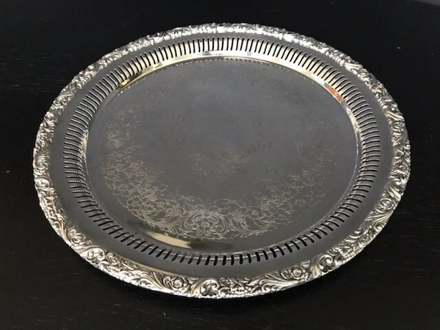 Large Vtg Webster Wilcox Pierced Floral Edge & Etching Silver Plate Tray Platter