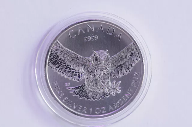 2015 1oz Silver Great Horned Owl Birds of Prey Series Canada 5 Dollars (2458)