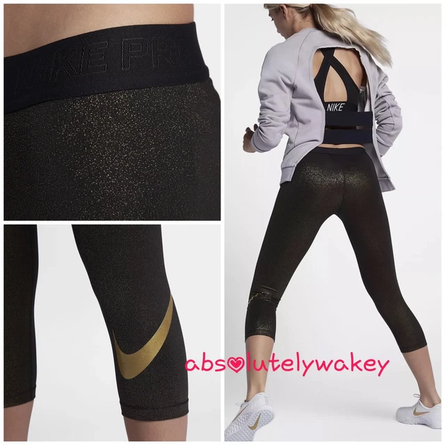 NIKE PRO WOMEN'S Training Metallic Sparkle Capri Tights Black/Metallic Gold  £40.90 - PicClick UK