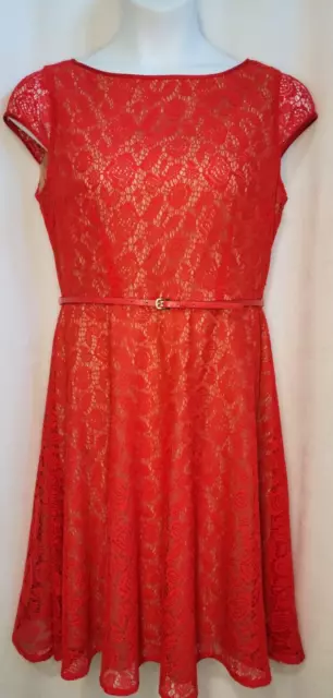 Black Label By Evan Picone Dress Womens 12 Red Lace Cap Sleeve Fit Flare