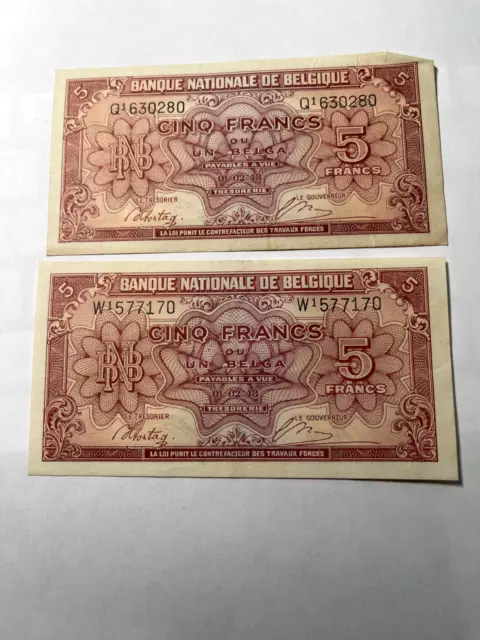 1943 5 Cinq Francs Belgium Lot of (2)