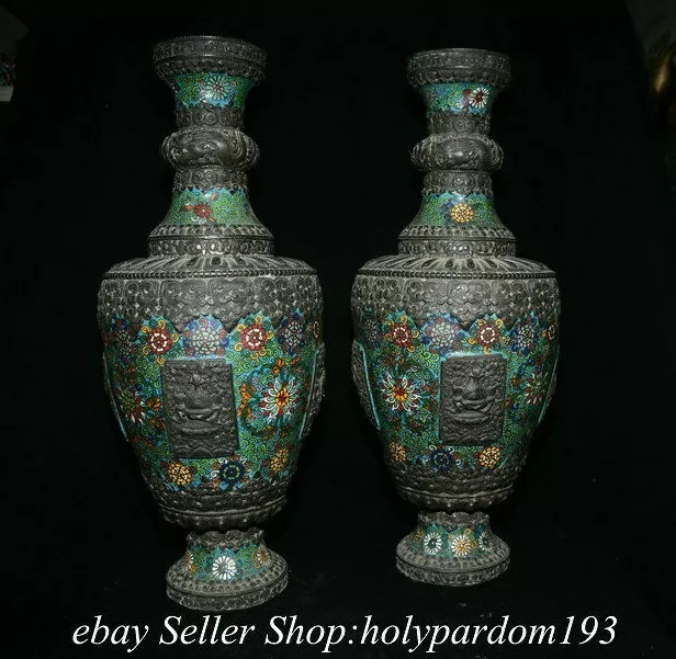 23.6" Marked Old Chinese Bronze Enamel Cloisonne 8 Auspicious Symbol Bottle Pair