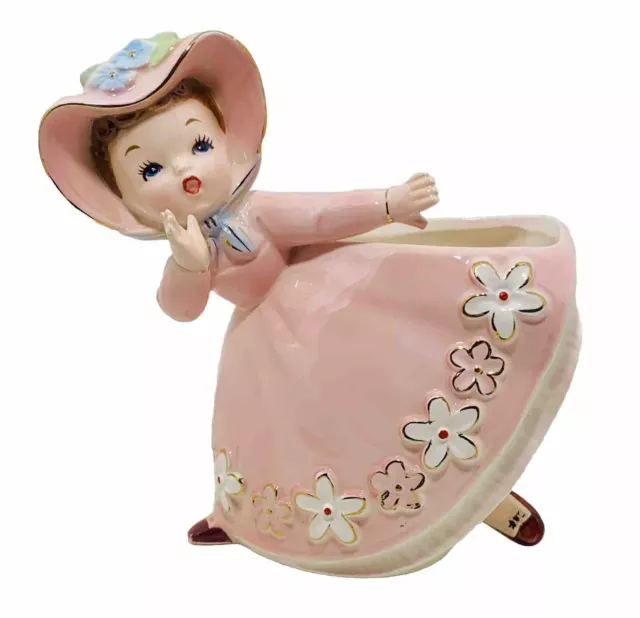 NATIONAL POTTERIES Maiden Planter Pink Dress Bonnet Girl Vase Ceramic 1960 NAPCO