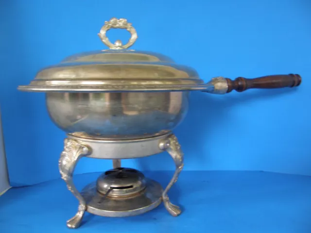 Vintage Round Ornate Metal Chafing Dish & Stand With Sterno Burner Food Warmer