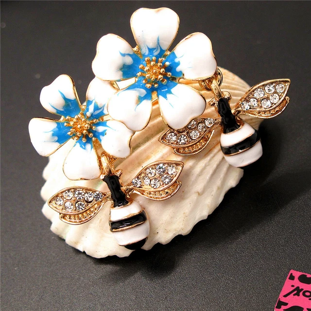 New Blue Enamel Cute Flower Bee Insect Crystal Fashion Women Charm Brooch Pin