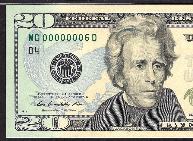 🇺🇸 2013 $20 W/Single Digit S/N ♚♚Md 00000006 D ♚♚ Pmg Gem Unc 66 Epq