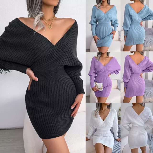 Mujer Punto Suéter Vestido Ceñido Mini Mujer Manga Larga Sexy Jersey Vestidos "