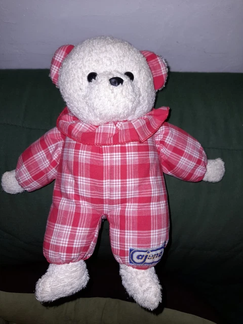 Ancien doudou peluche ours marron jaune vichy carreaux beige grelot 30 cm Nicotoy chez vous des