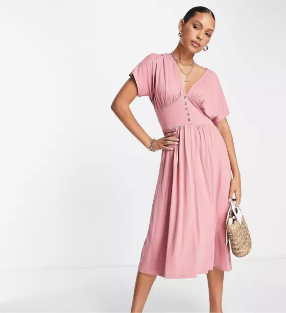 ASOS DESIGN waisted midi tea dress with buttons in pink size 4 NWOT