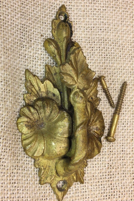 Old Hook Fancy picture Hanger Curtain Tieback Leaves Flower Brass Victorian
