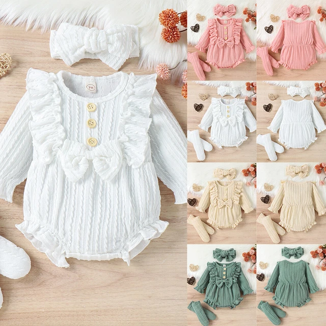 3PCS Newborn Baby Girls Ruffled Rompers Tops Headbands Socks Sets Infant Outfits