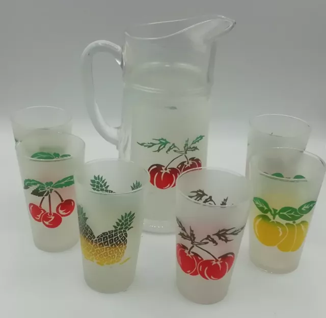 6 Verres Et Pichet Eau service à Orangeade Vintage Givré Fruits Années 70