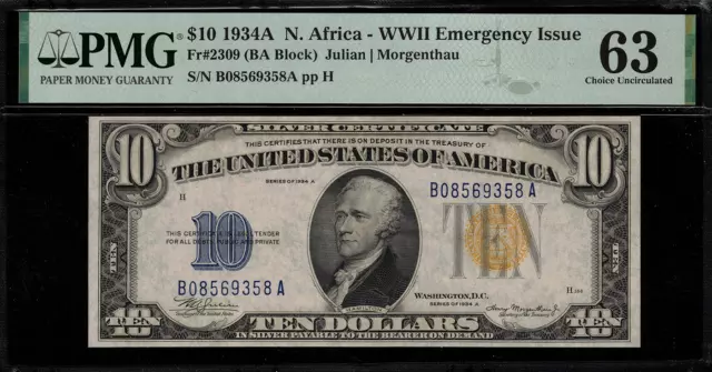 1934A $10 North Africa WWII Emergency Issue FR-2309 - PMG 63 - Uncirculated