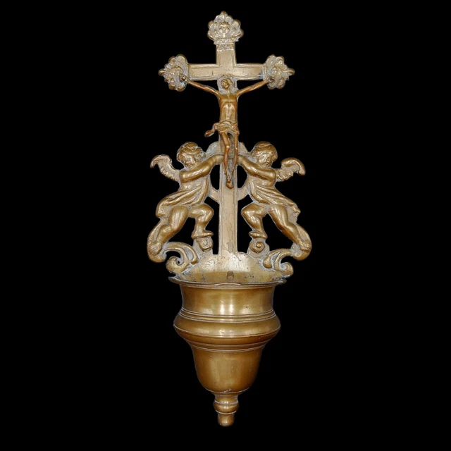 Acquasantiera Antica In Bronzo Luigi Xvi Crocifisso Con Angeli