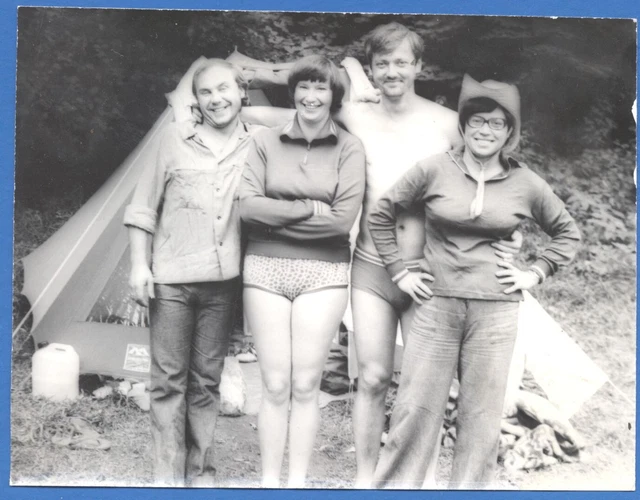 Beautiful girls and guys near the tent Vintage photo