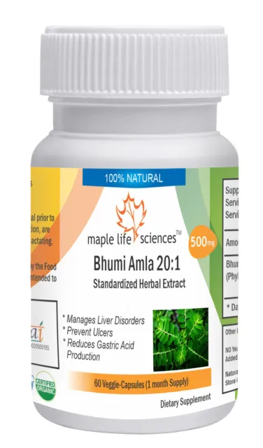 Bhumi Amla 20:1 Extract Capsules (Phyllanthus niruri) Pure Extract No Fillers