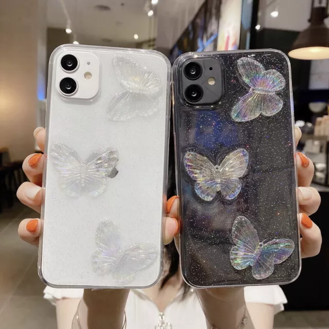 For iPhone 15 14 13 12 Pro Max 11 XR XS 3D Butterfly Laser Clear Soft Case Cover